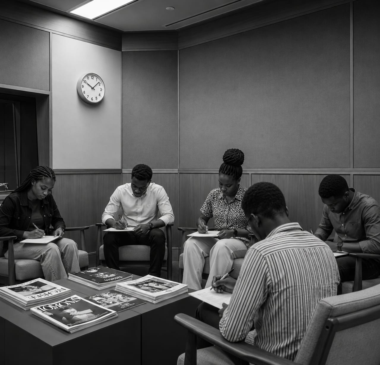 Black and white photo of a waiting room with five cushioned chairs arranged around a square table holding several magazines, and a wall clock showing 10:10.