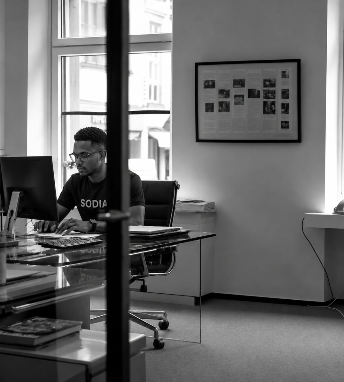 Modern office interior with glass desk, black office chairs, a computer monitor, and a framed document on the wall.