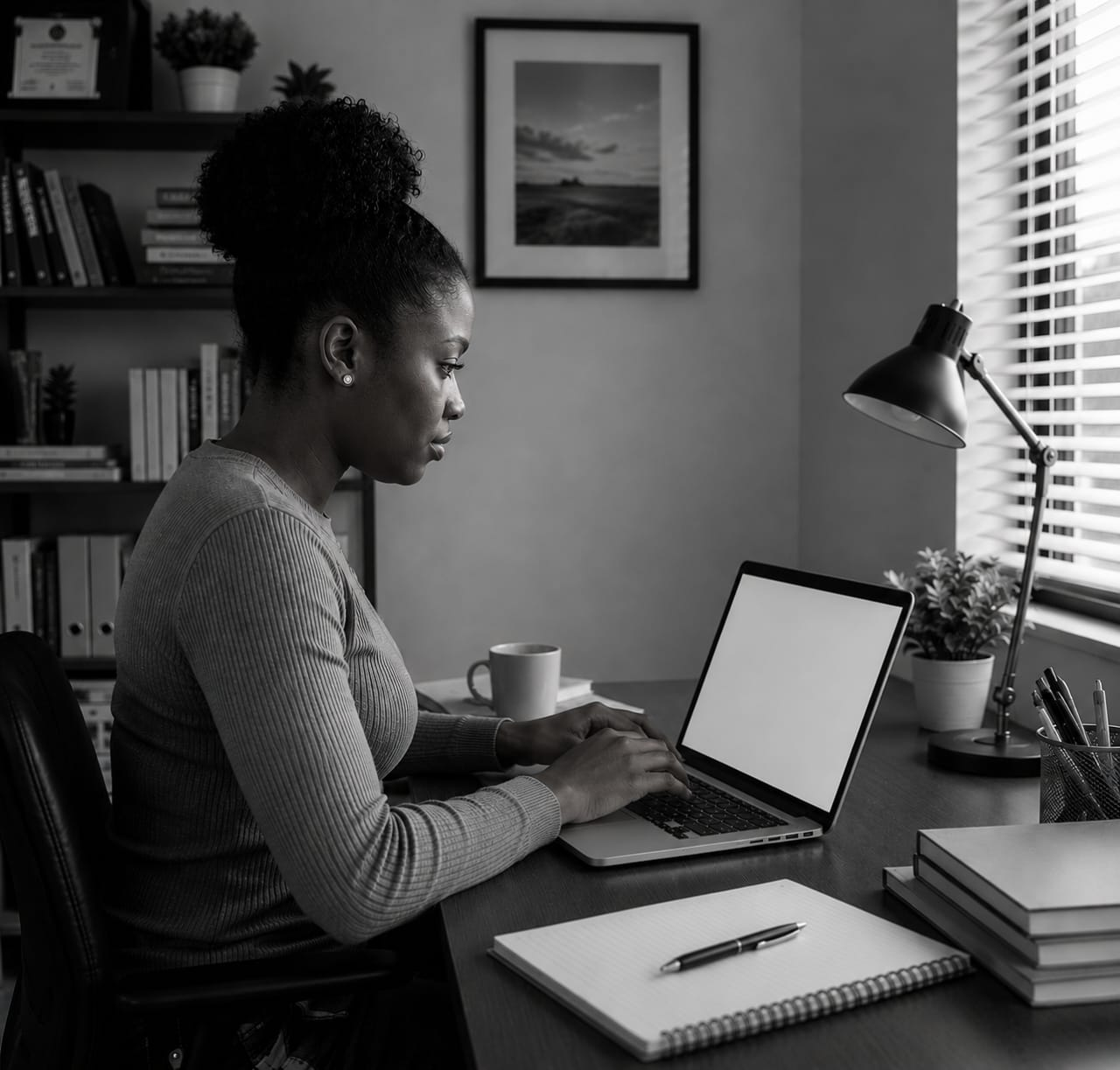 Two women focused on their computer screens in an office setting.